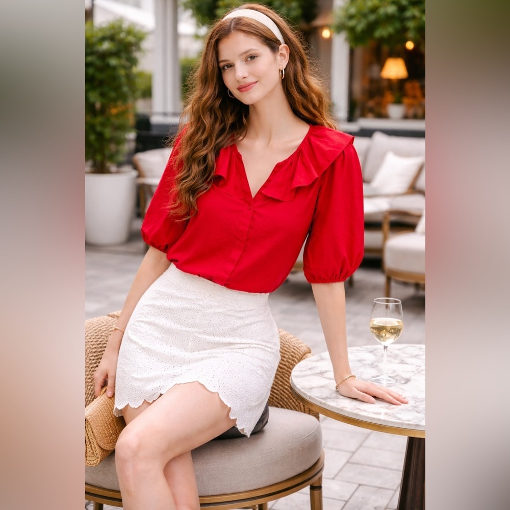 Madewell Ruffled Y-Neck Cotton-Silk Top Festival Red XS Puff Sleeve NWT - Picture 11 of 11